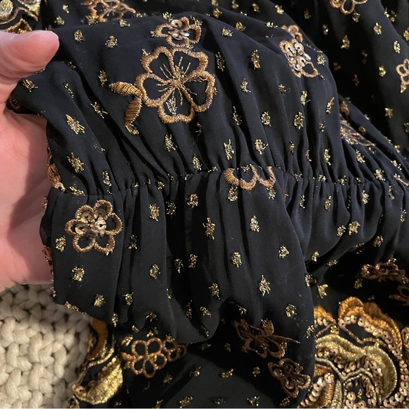Express Long Sleeve Dress in Black with Gold and Bronze Embroidered Floral - Picture 8 of 11
